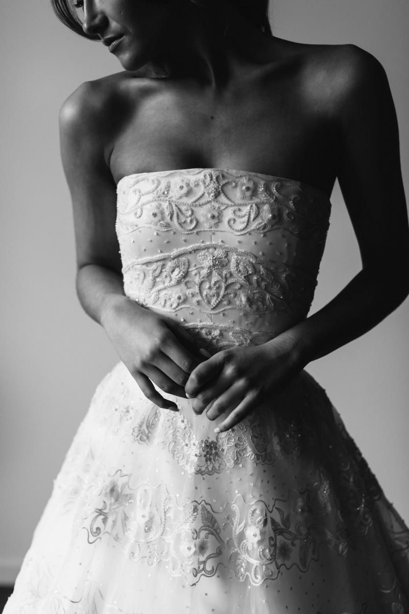 The Francesca gown by Karen Willis Holmes, straight neckline a-line lace wedding dress.