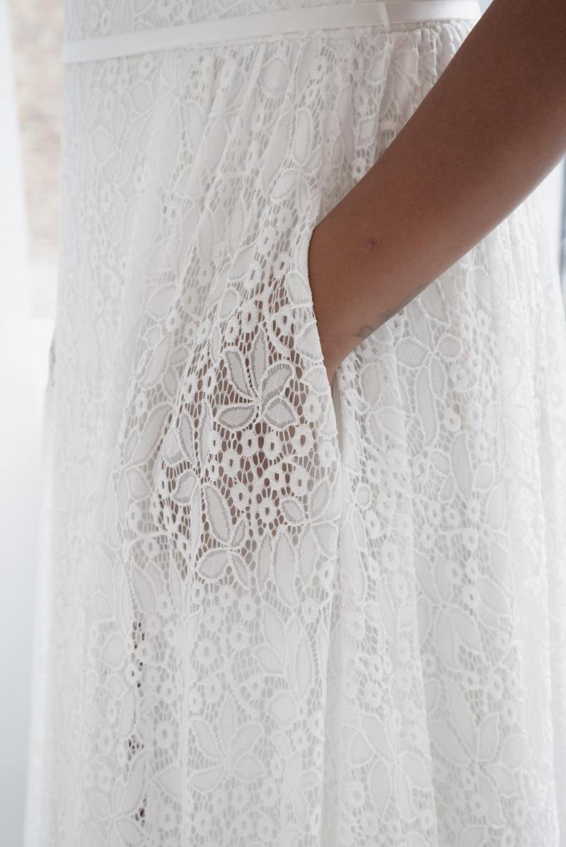 The Nadia gown by Karen Willis Holmes, lace wedding dress with pockets.