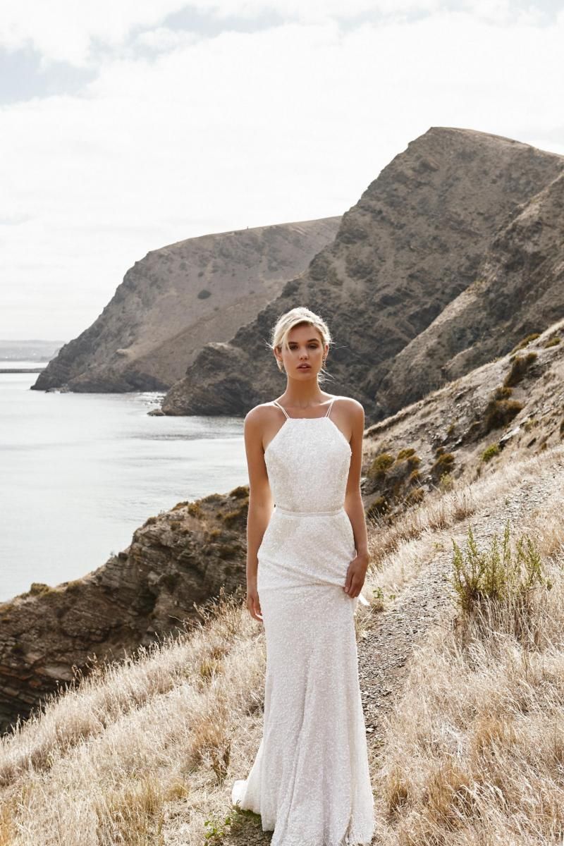 The Roxy gown by Karen Willis Holmes, beaded halter fit and flare wedding dress.