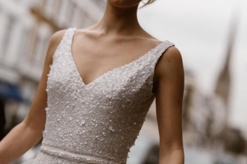 The Lola gown by Karen Willis Holmes, modern v-neck sequin wedding dress.