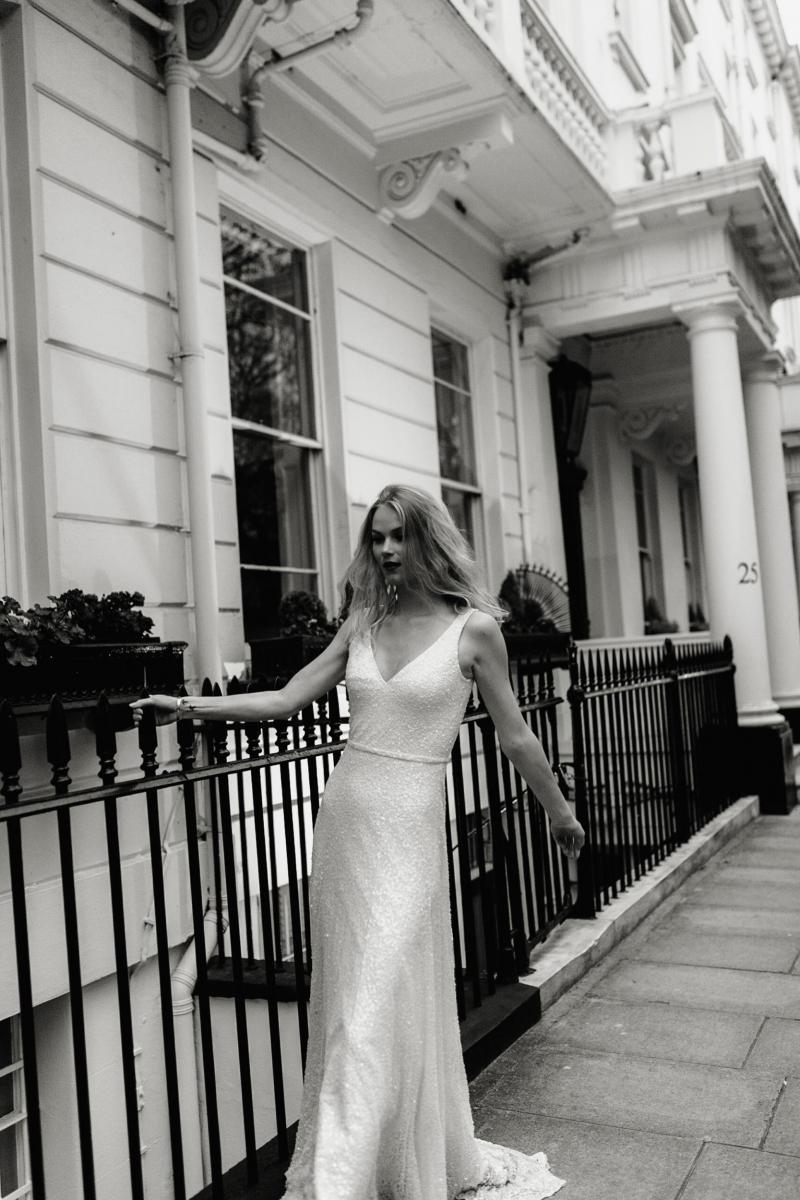 The Lotus gown by Karen Willis Holmes, sequin wedding dress with deep v-neck.