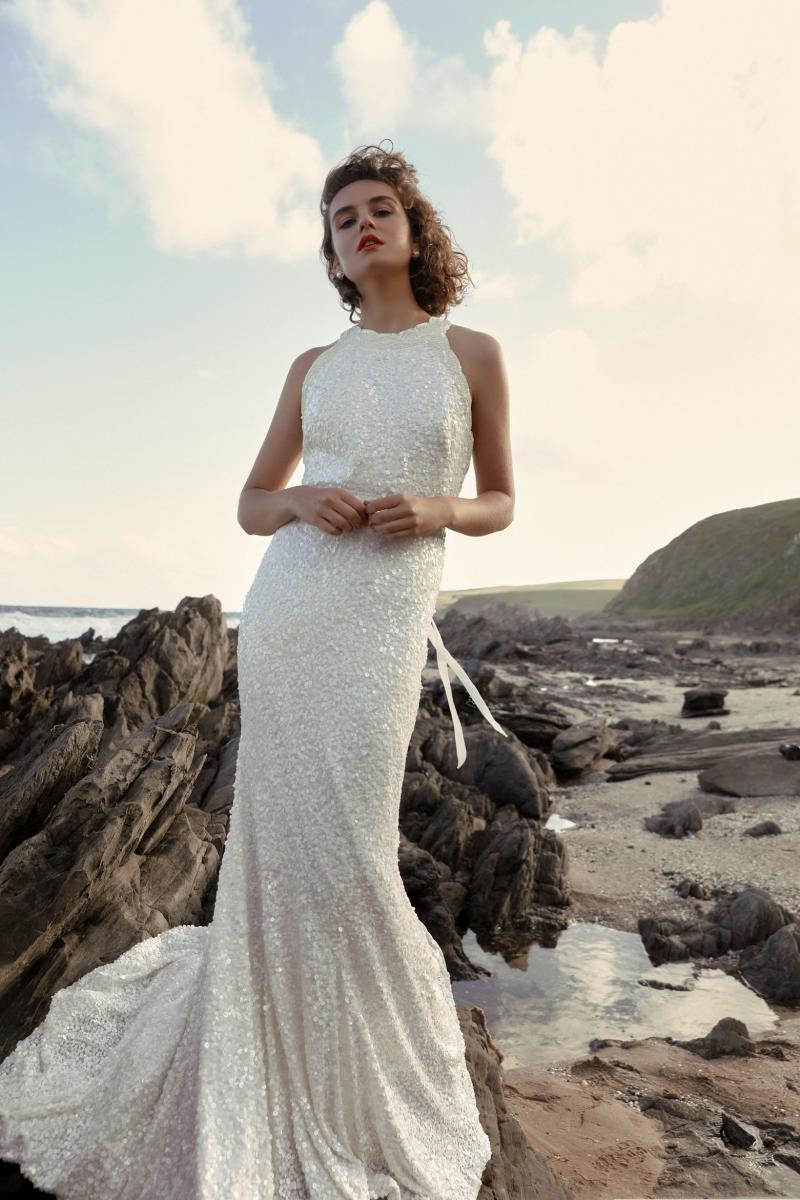 The Cindy gown by Karen Willis Holmes, halter neck nontraditional beaded wedding dress.