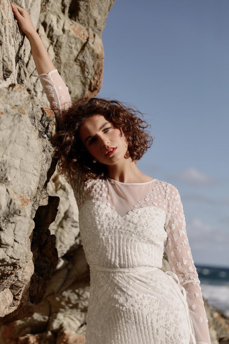 The Lexie gown by Karen Willis Holmes, illusion long sleeve beaded wedding dress.