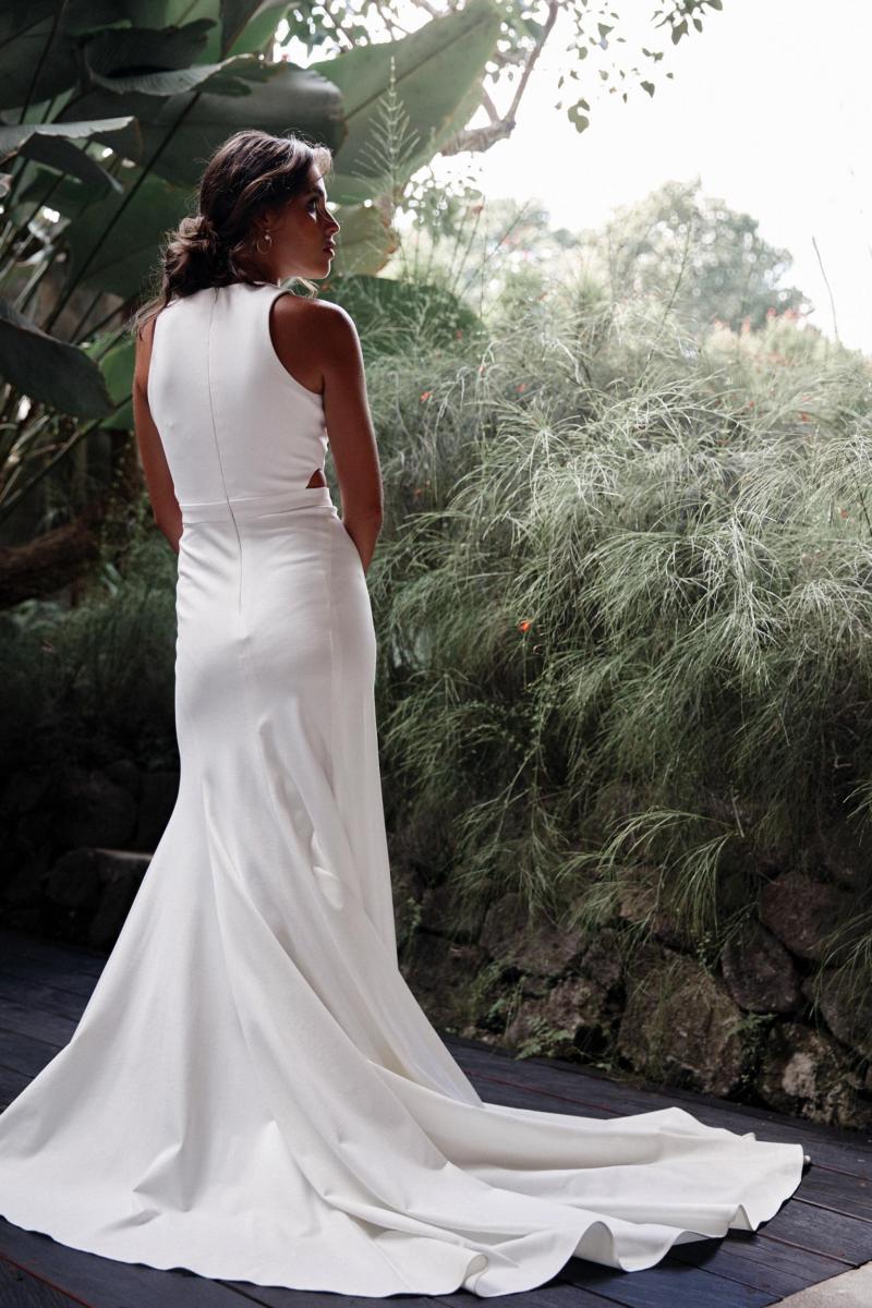 The Bridget gown by Karen Willis Holmes, high back simple wedding dress.