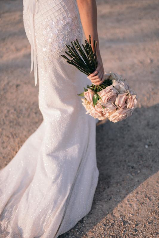 Real bride Renee wore the Luxe Darcy wedding dress by Karen Willis Holmes.