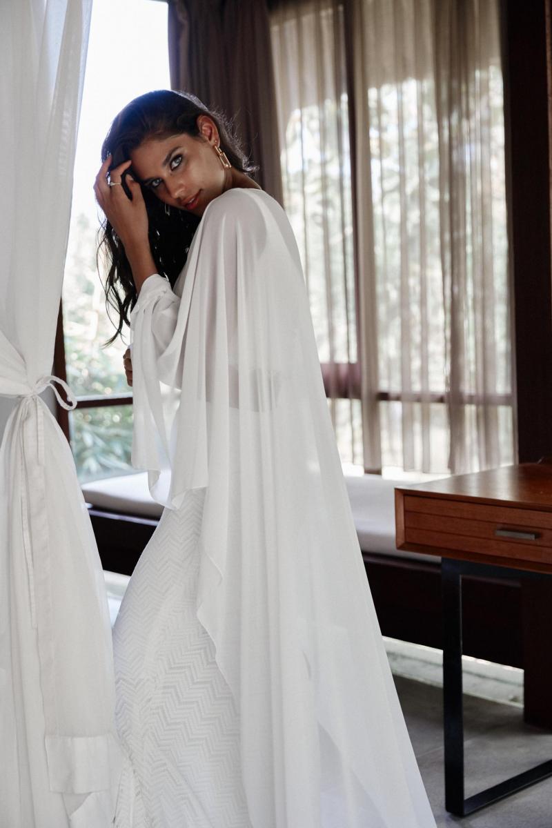 The Sylvia bridal cape by Karen Willis Holmes, modern wedding jacket.
