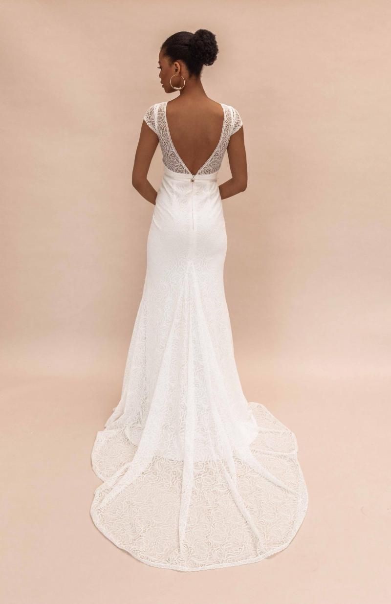 The Jemma gown by Karen Willis Holmes, open back fit and flare lace wedding dress.