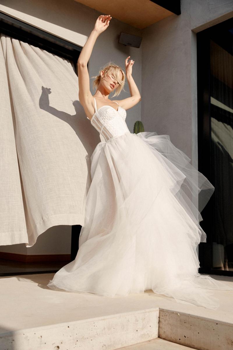 The Scarlett gown by Karen Willis Holmes, sheer tulle a-line wedding dress.