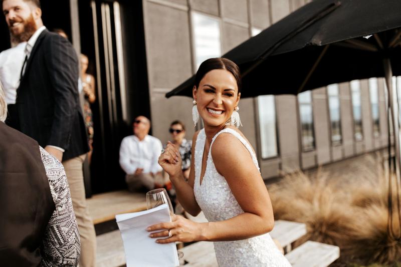 Real bride Louise wore the Luxe Anotinette wedding dress by Karen Willis Holmes.