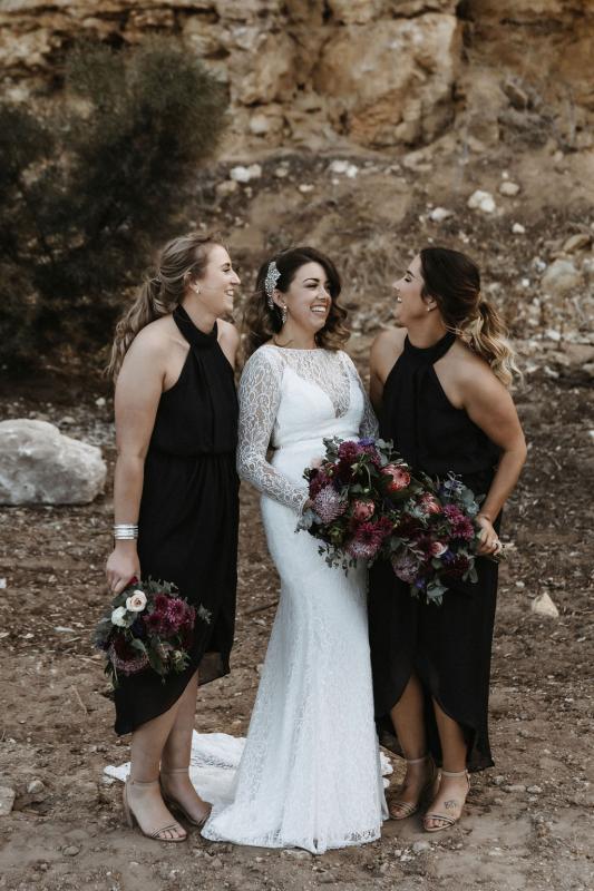 Karen Willis Holmes bride MEagan with her bridesmaids in Stansbury on the Yorke Peninsula, wearing the Karina gown; a flattering fitted lace wedding dress.