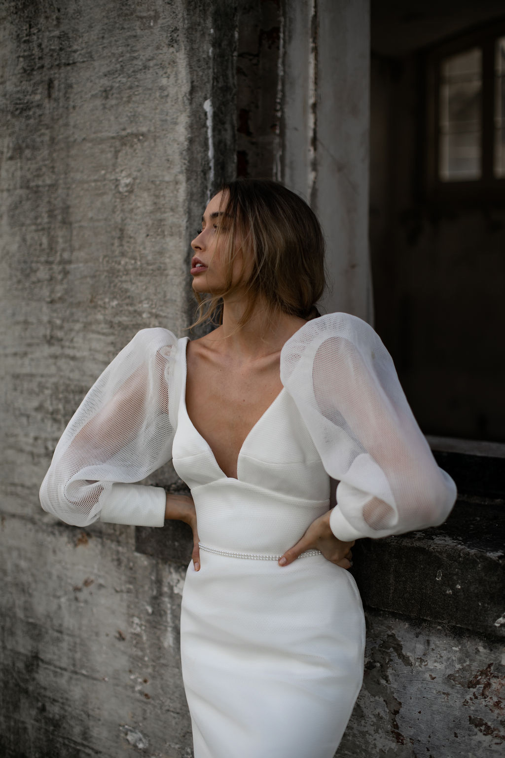 Penelope by Karen Willis Holmes; V neck minimal wedding dress