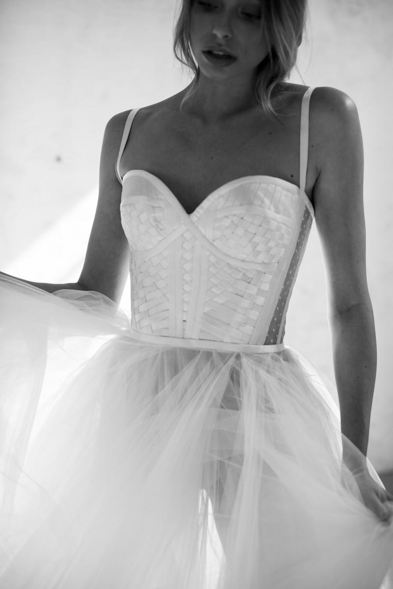 Scarlett by Karen Willis Holmes; wedding dress with corsetry bodice and tulle skirt