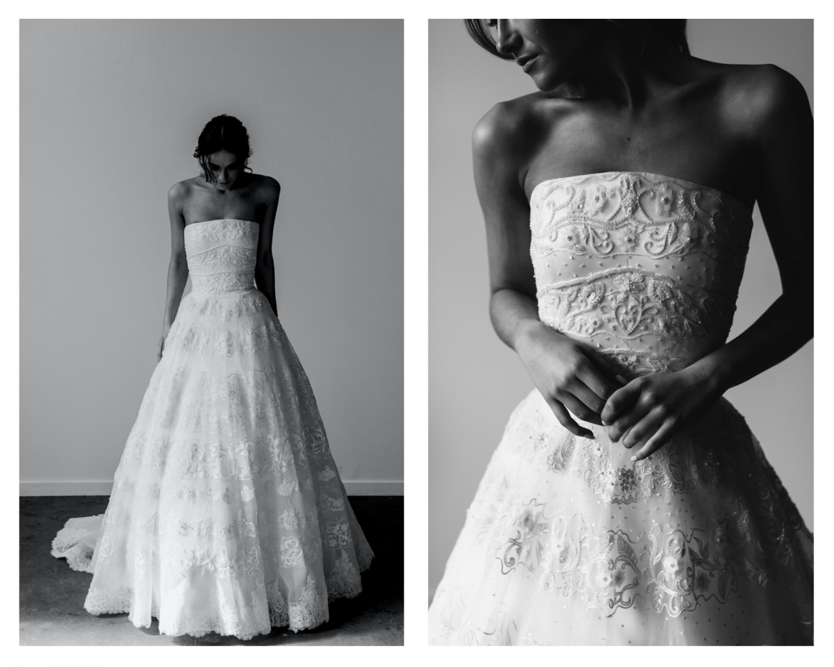 model wears Francesca ball gown wedding dress style silhouette in French lace by Karen Willis Holmes