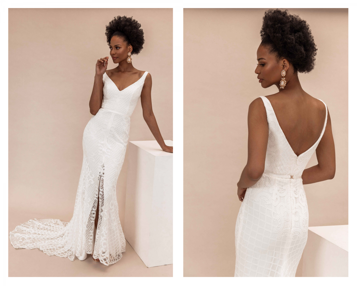 Model wears Bobby V-neck wedding dress style silhouette in lace by Karen Willis Holmes