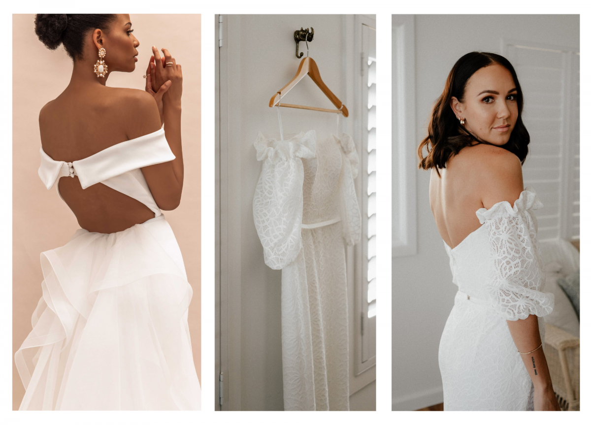 Model and real bride wears Lauren and Vivienne Off-shoulder wedding dress style silhouette in lace and stretch crepe by Karen Willis Holmes