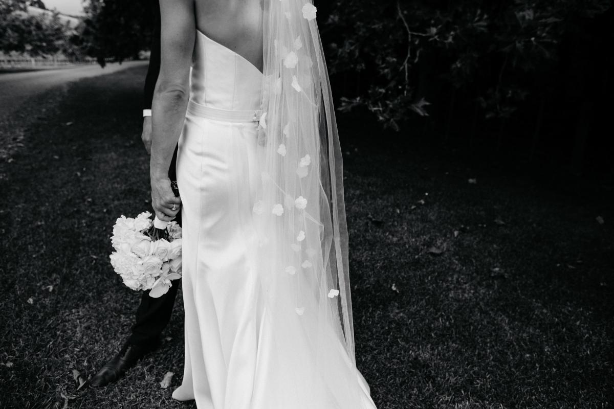 Real bride wears Blake Prea Mermaid Fishtail wedding dress style silhouette in twill by Karen Willis Holmes