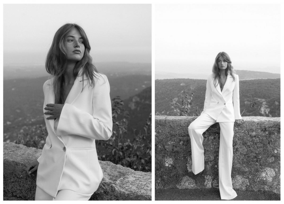 Model Ben Simmons wears the Charlie Danielle bridal suit separates, from the Elope collection by Karen Willis Holmes.