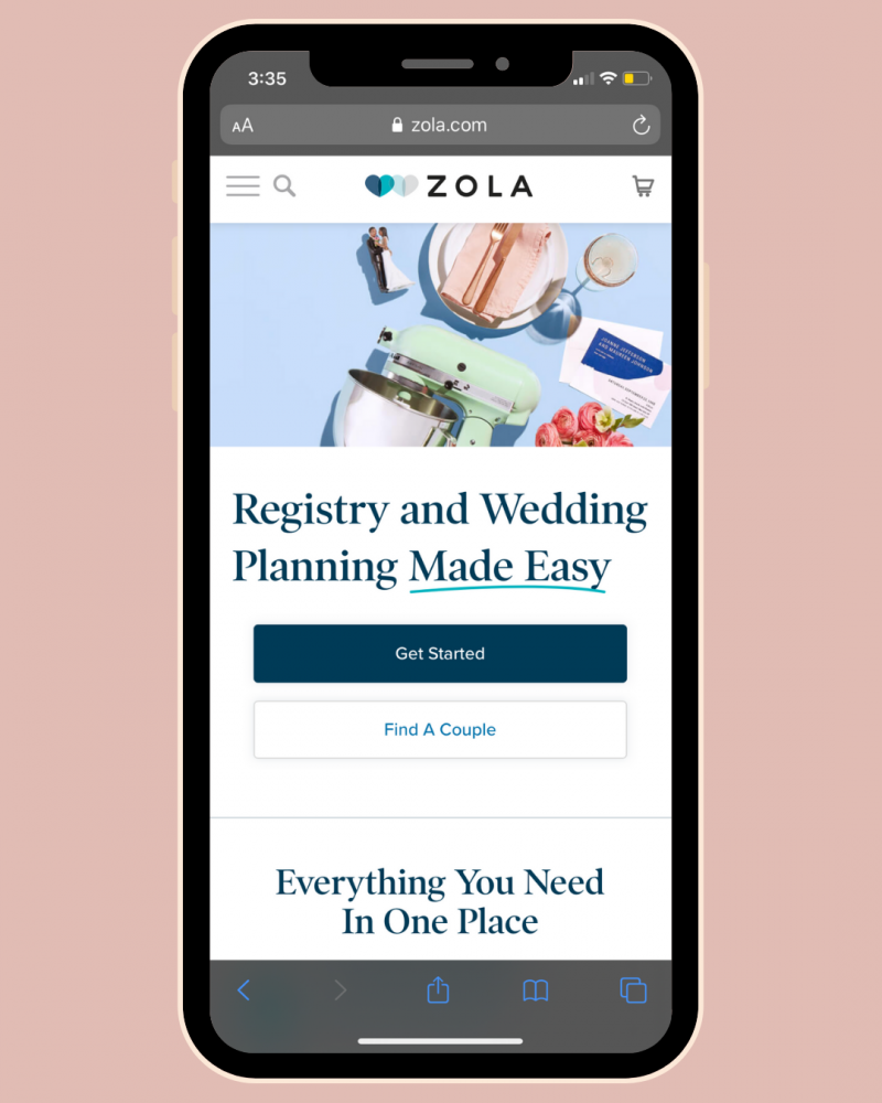 Zola Wedding Registry service interface