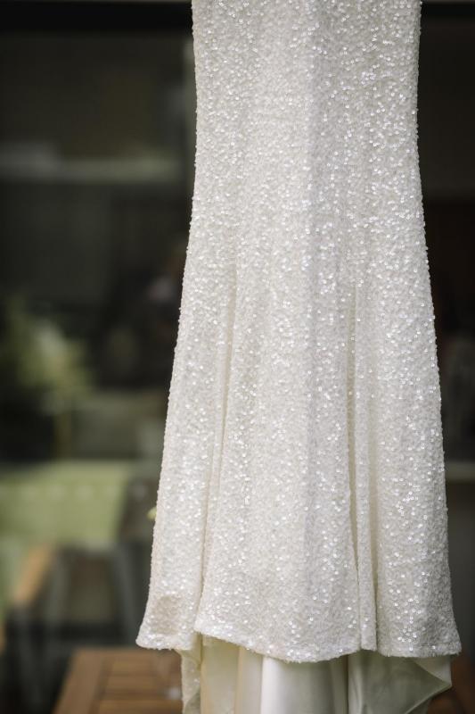Beading details of the Addison gown, a spaghetti strap beaded wedding dress by Karen Willis Holmes.