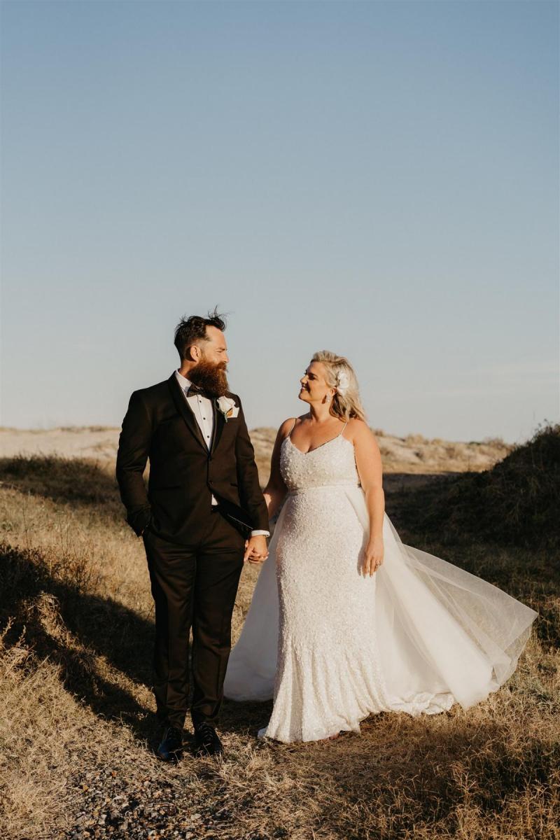 Curvy real bride Leanne wears the anya own & Alice detachable Trains; a simple sequin wedding dress by Karen Willis Holmes.