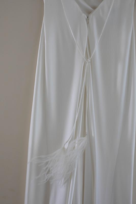 Gown details of real bride Wendy's Sage gown; a simple silk satin slip wedding dress by Karen Willis holmes.