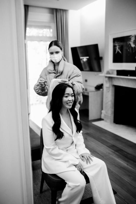 Real bride Nicole getting ready for her Sydney elopement, wearing the Charlie Danielle; a tailored bridal suit by Karen Willis Holmes.
