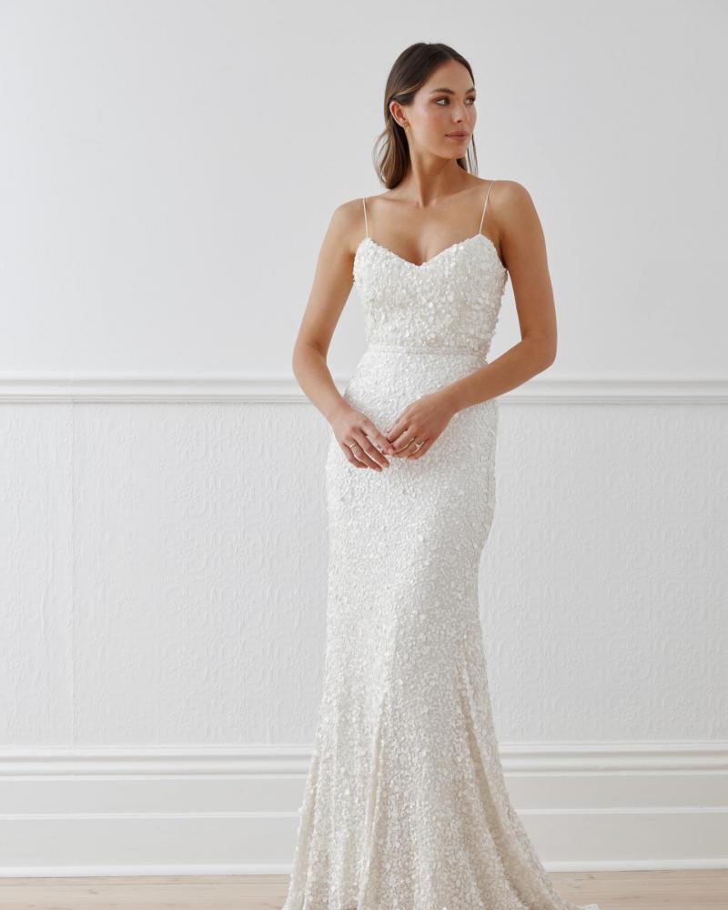 The Anya gown by Karen Willis Holmes, spaghetti strap sequin wedding dress