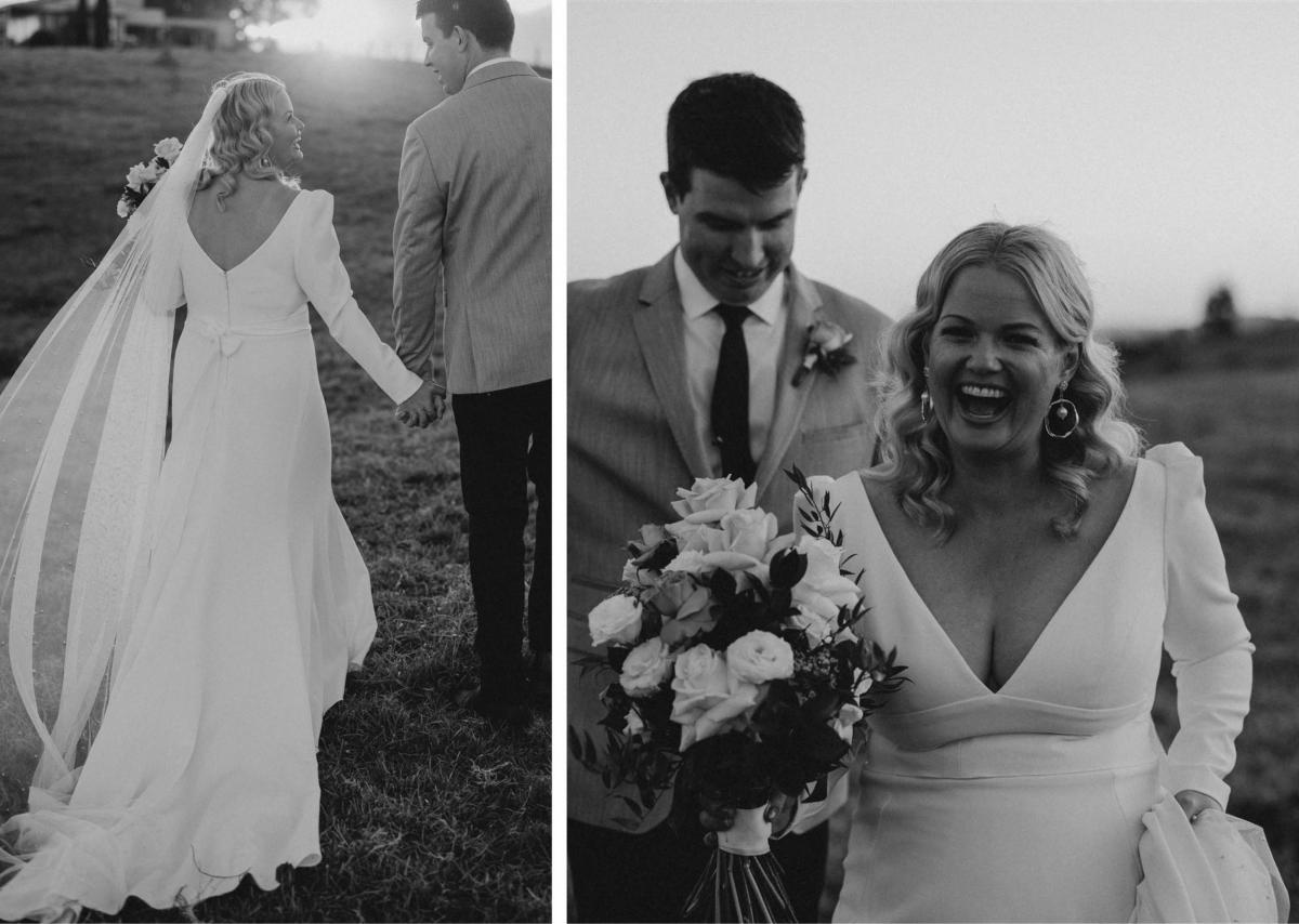 B&W images of KWH real bride Ange Anderson in her Imogen gown, a modern crepe fitted wedding dress with added long sleeves.
