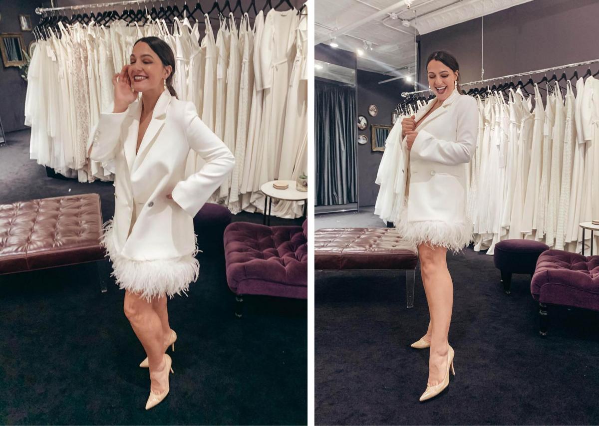 Deanna Giulietti shows off the short Sherry wedding dress paired with the Charlie jacket for a fun elopement look.