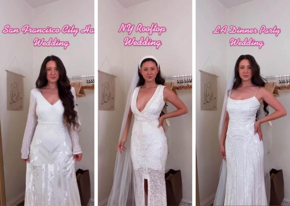 These three images show Gowneyed Girl wearing three of our Triteia hand beaded wedding dresses.