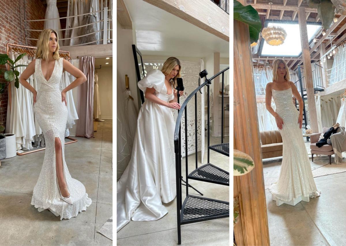 Three images of Hope LeVine in the Georgie, Isabelle, and Taryn Camille wedding dresses.