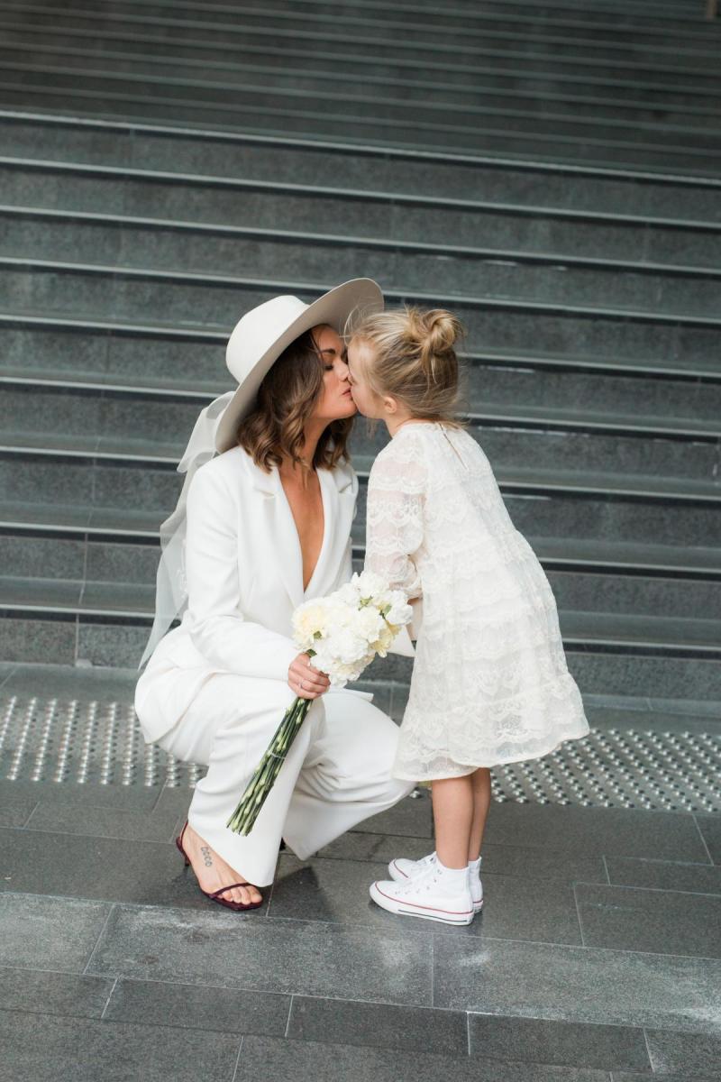 Megan Kelly and daughter wears a Karen Willis Holmes Bridal Suit- The Charlie Jacket and Danielle pant to Brisbane Elopement
