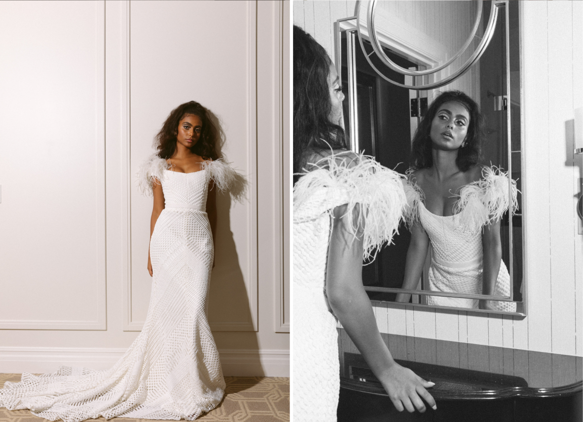Annabelle Elopement wedding dress by Karen Willis Holmes; getting ready in Las Vegas bridal room featuring guipure lace and feather shoulder