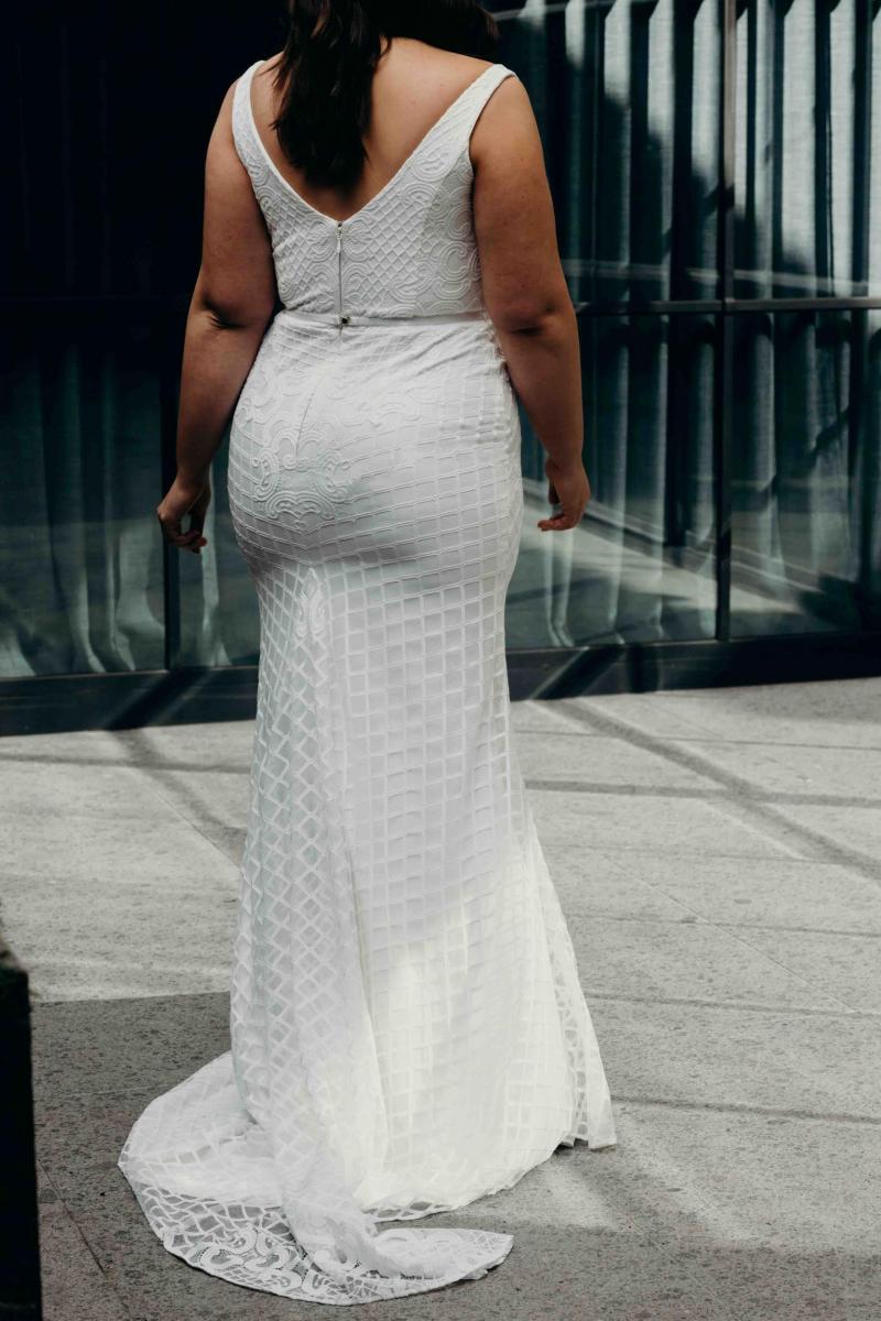 The Bobby Curve gown by Karen Willis Holmes, modern fit and flare curve lace wedding dress.