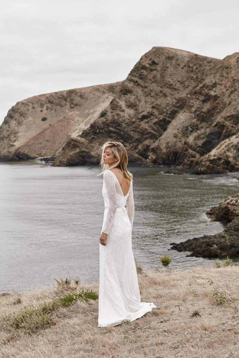 Celine Gown | Long Sleeve V-Neck Beaded Wedding Dress | Karen 