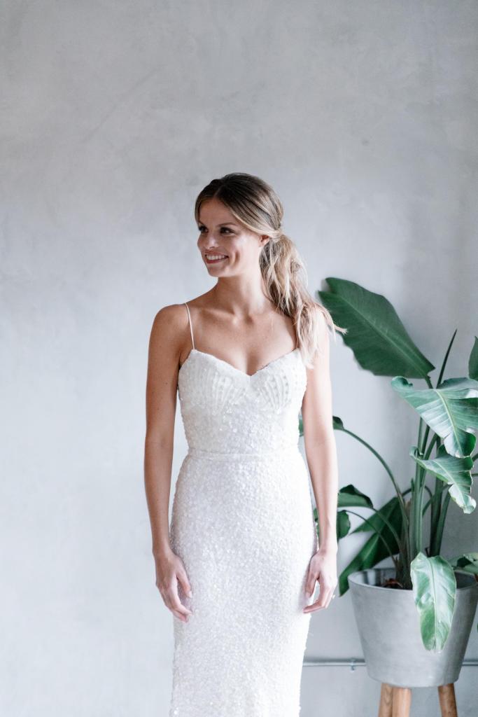 Real bride Colleen wore the Luxe Lottie wedding dress by Karen Willis Holmes.