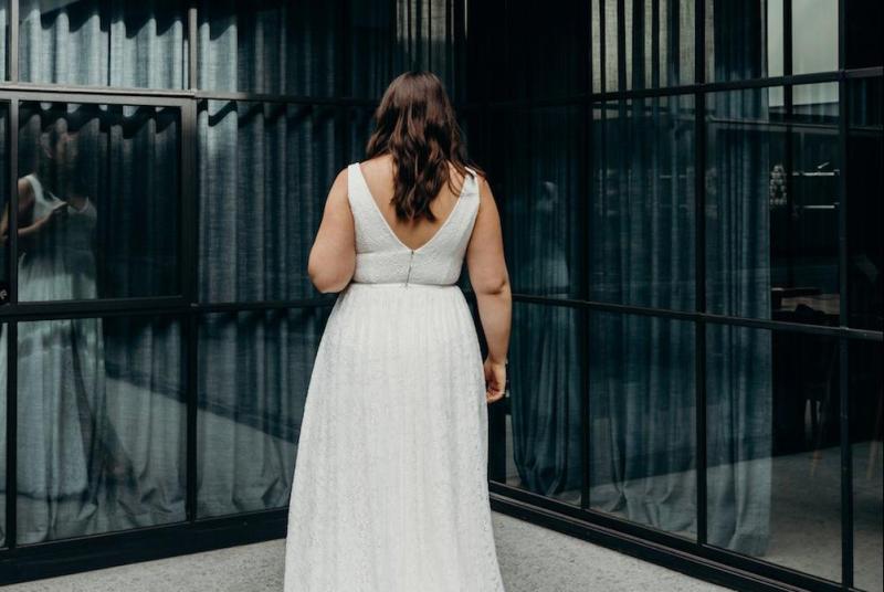 The Nadia gown by Karen Willis Holmes, lace wedding dress with pockets.