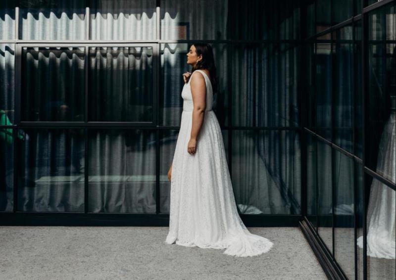 The Nadia gown by Karen Willis Holmes, lace wedding dress with pockets.