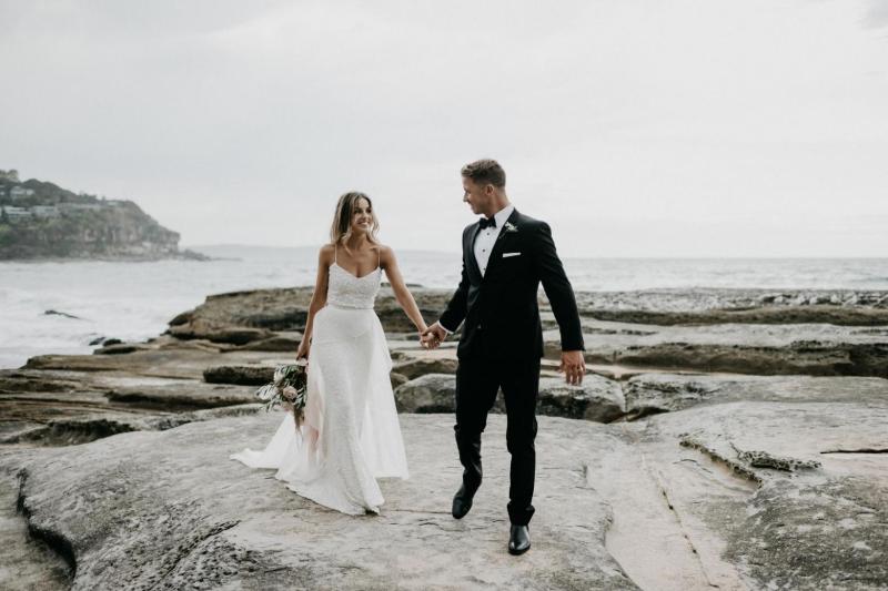 Real bride Tegan wore the Luxe Anya wedding dress by Karen Willis Holmes.