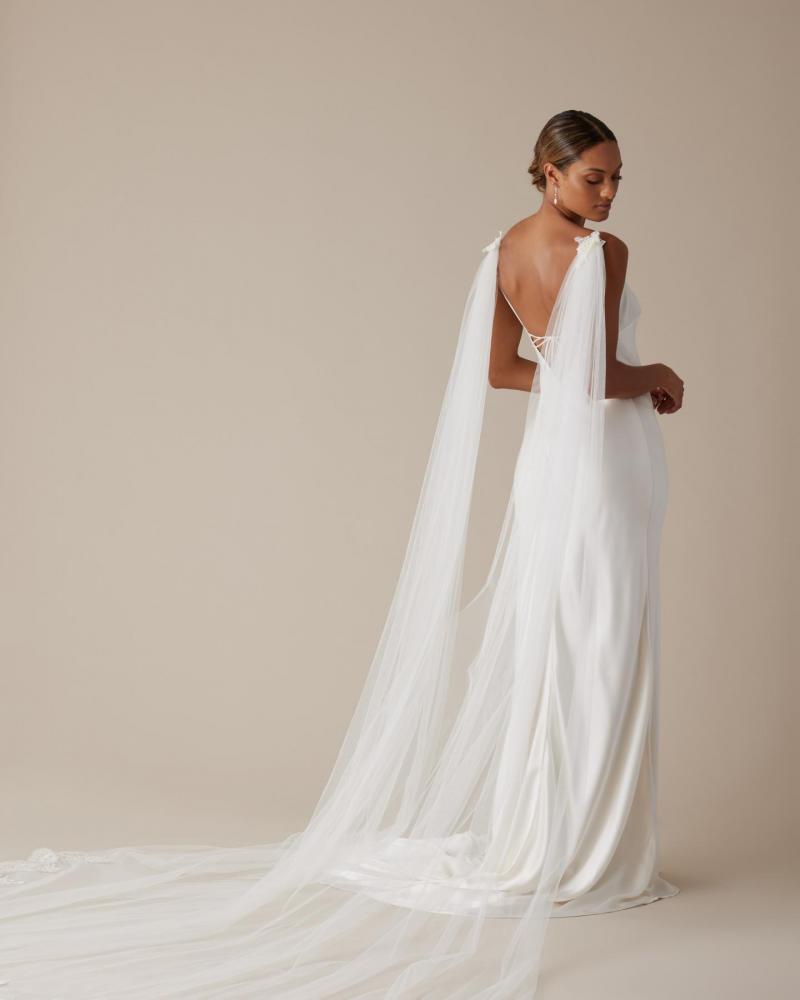 The Vita Tulle Cape by Karen Willis Holmes, long lace detachable wedding dress train.