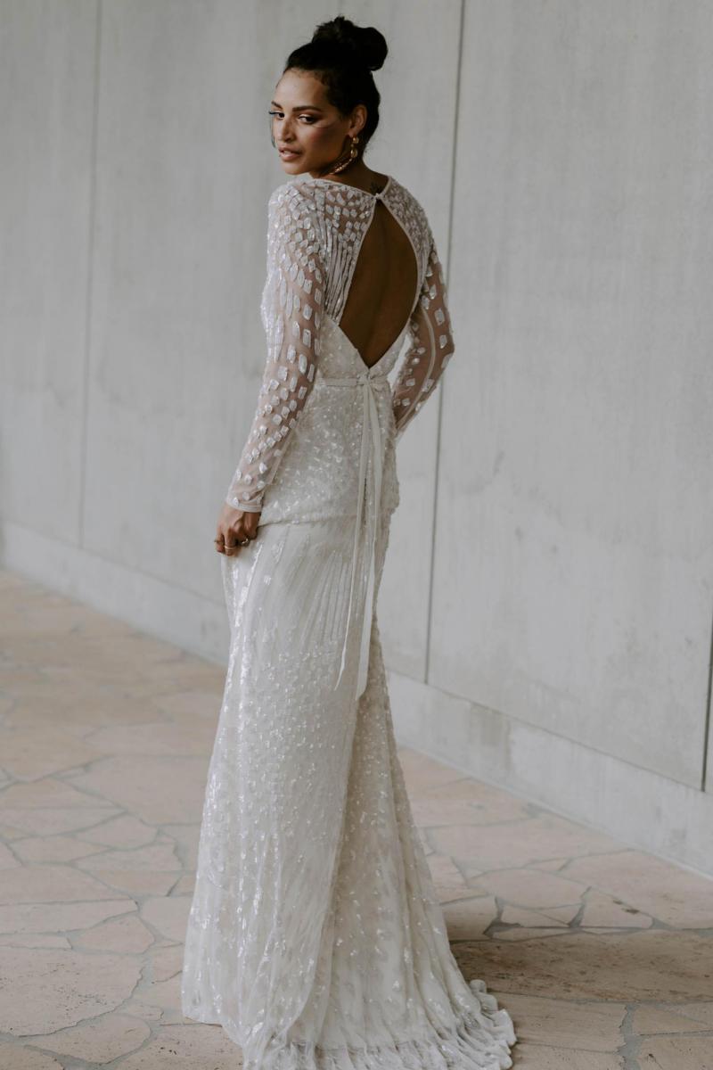 The Lexie gown by Karen Willis Holmes, open back sequin wedding dress.