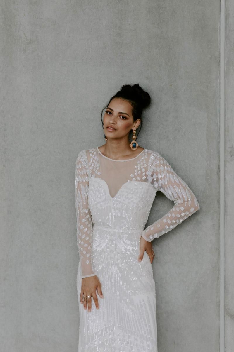 The Lexie gown by Karen Willis Holmes, beaded illusion long sleeve wedding dress.