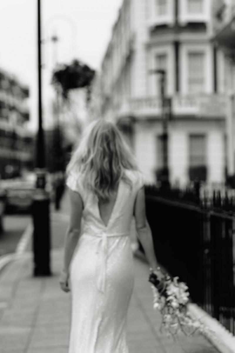 The Annette gown by Karen Willis Holmes, shimmer sequin wedding dress with cap sleeve.