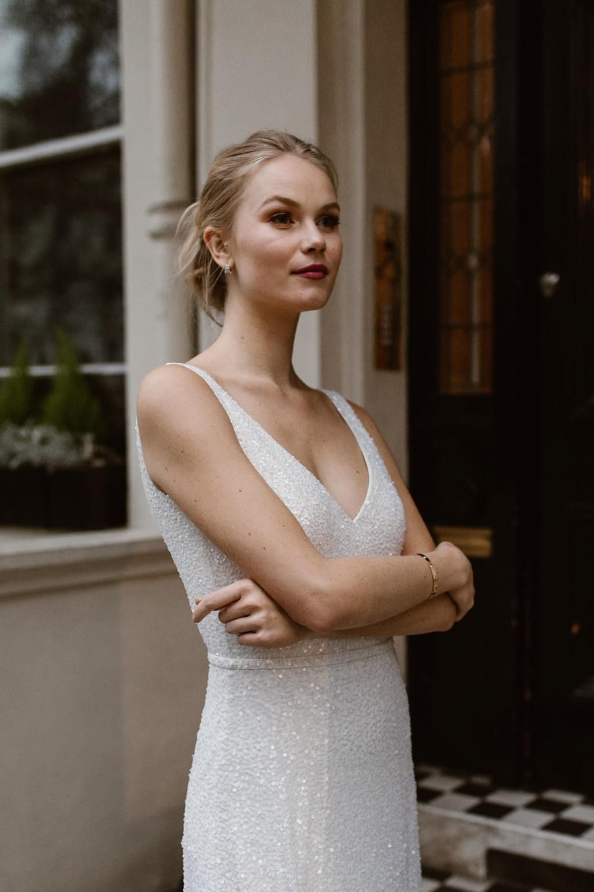 The Lotus gown by Karen Willis Holmes, v-neck sparkly wedding dress.