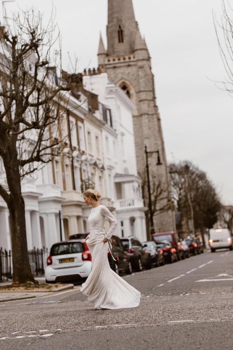 The Margareta gown by Karen Willis Holmes, backless beaded wedding dress.