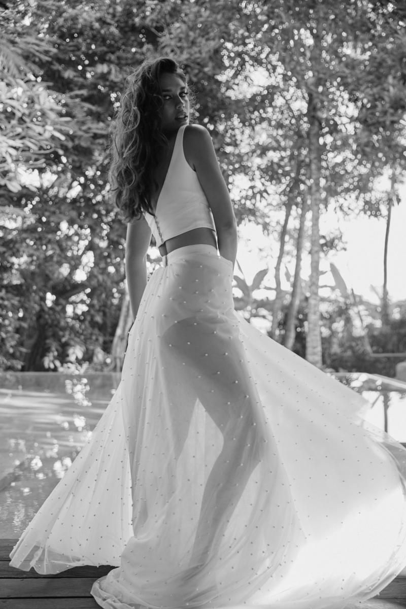The Erin & Lea two piece wedding dress by Karen Willis Holmes, pearl wedding skirt and bridal crop top.