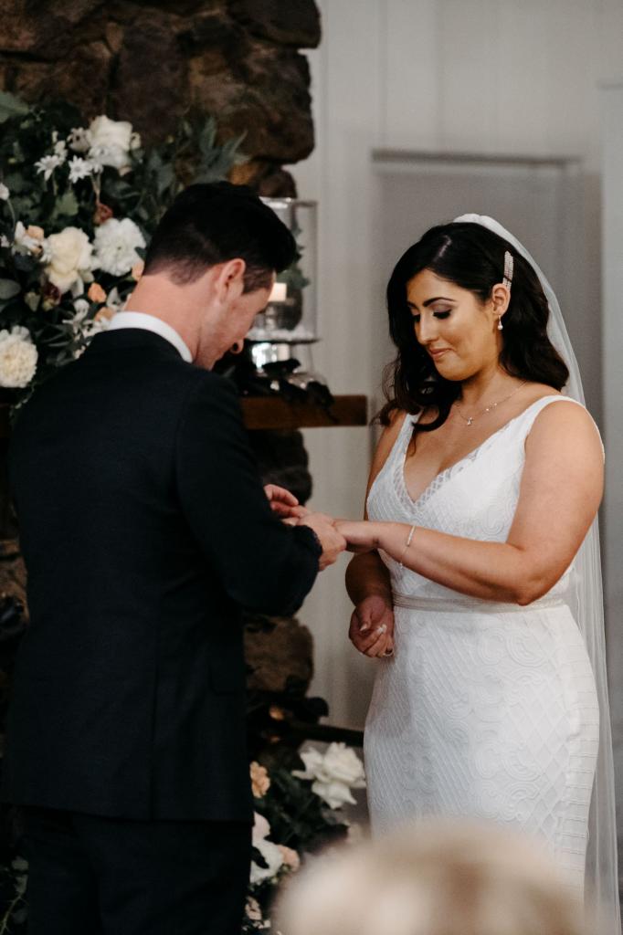 Real bride Samantha wore Bobby wedding dress by Karen Willis Holmes.