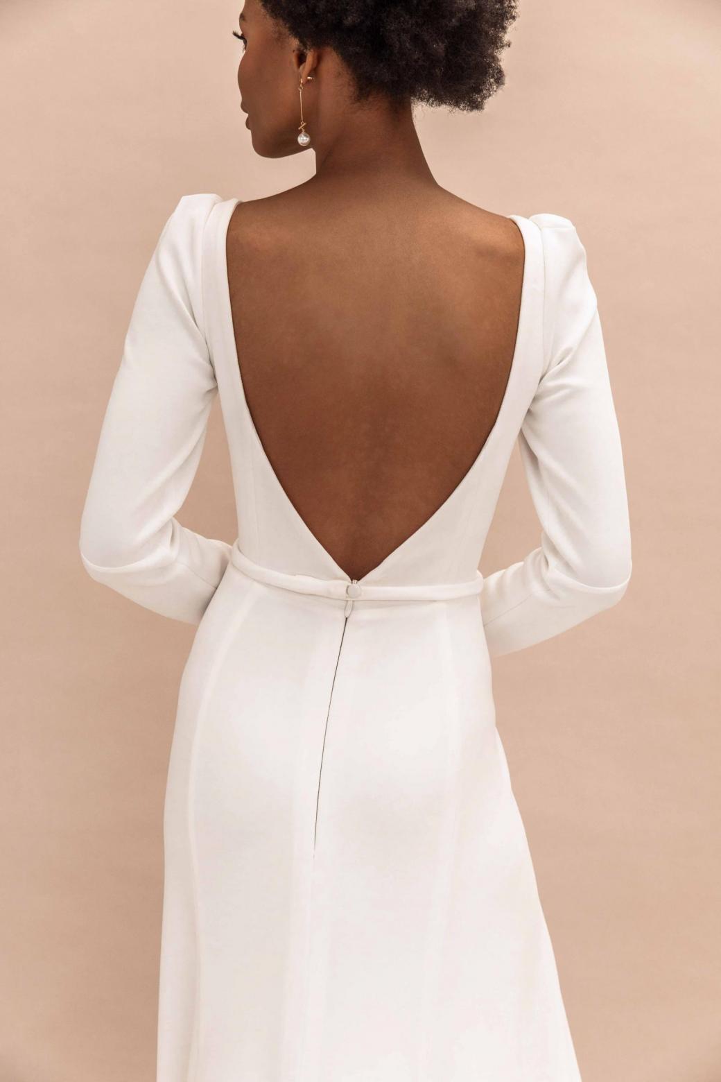 The Aubrey gown by Karen Willis Holmes, open back simple wedding dress with sleeves.