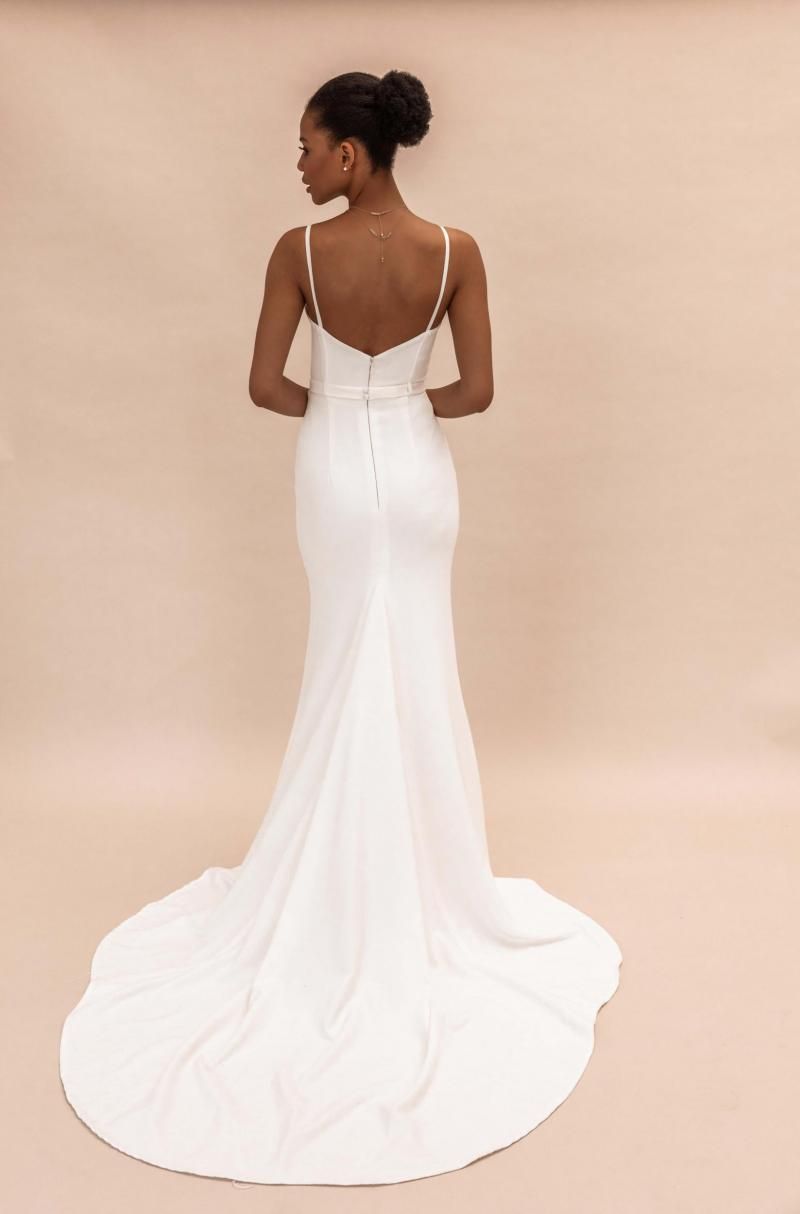 The Caroline gown by Karen Willis Holmes, fit and flare plain open back wedding dress.