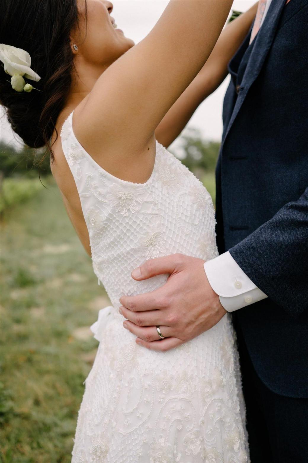 Real bride Jess wore the Luxe Beatrice wedding dress by Karen Willis Holmes.